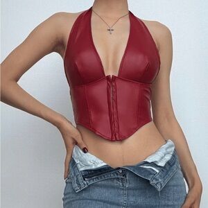 SOLD: Red Halter Faux Leather Corset Top